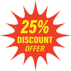 A red starburst seal graphic with yellow text indicating a 25% off discount for sales and promotions.
