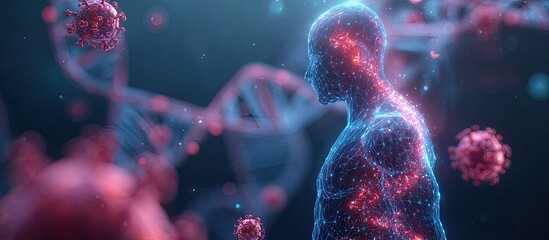 Abstract digital representation of a human form interacting with viruses and DNA