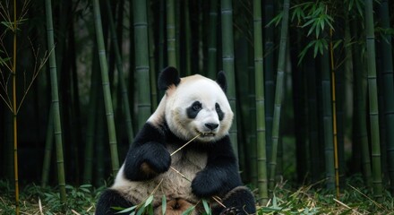 Obraz premium A giant panda eats bamboo in a forest. Black and white fur, green background