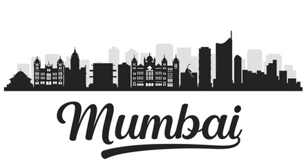 Obraz premium Mumbai City Skyline Silhouette with Iconic Landmarks and Colonial Architecture Black Vector Illustration
