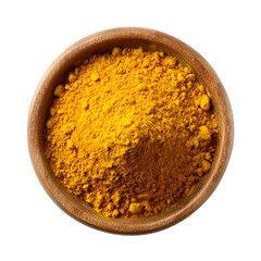 Wooden bowl filled with vibrant yellow turmeric powder isolated on transparent background