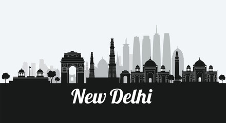 Naklejka premium Black and white silhouette of the iconic New Delhi city skyline featuring famous landmarks and modern buildings.