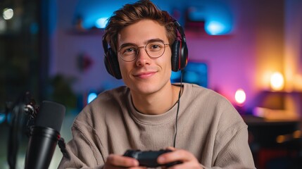Gaming action by enthusiastic player in a cozy room with ambient lighting