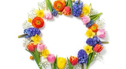 A vibrant circular floral wreath made of colorful spring flowers and green leaves isolated on white background