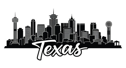 Fototapeta premium Texas City Skyline Silhouette with Modern Buildings and Towers Black Vector Illustration