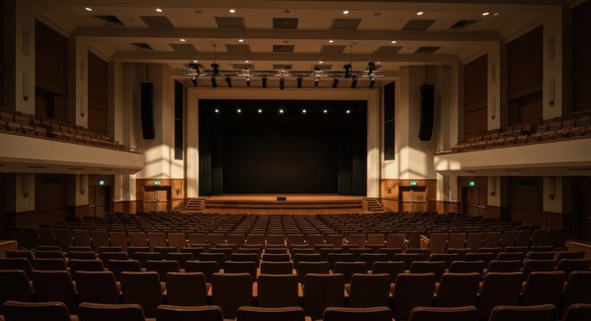 A grand empty auditorium with a stage, seating, and lighting, lit by natural sunlight
