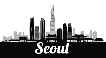 Fototapeta premium Black and white silhouette of the Seoul, South Korea skyline with modern and traditional architecture.