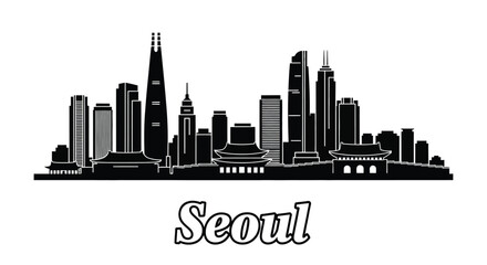 Naklejka premium A black and white silhouette of the Seoul skyline, featuring various modern skyscrapers and traditional Korean buildings.