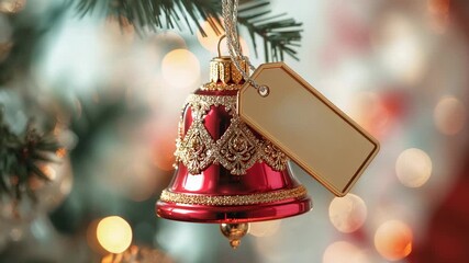 Camera capturing red bell ornament with tag hanging on pine branch at home for holiday decoration - Powered by Adobe
