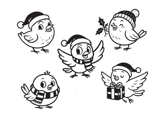 Festive little birds wearing winter hats and scarves spreading holiday cheer and joy, perfect for seasonal greetings and crafts