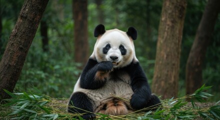 A giant panda sits amidst bamboo, eating in a lush green forest setting