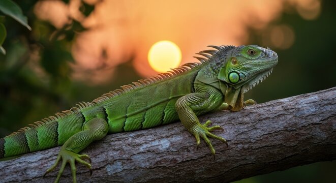 A green iguana perched on a branch, basking in the golden light of a sunset