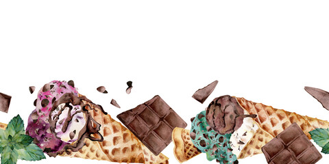 Speckled mint, berries and chocolate chip ice cream scoops in waffle cones, bar pieces. Isolated seamless banner border hand drawn in watercolor. Gourmet treat decor, chocolate shop label, summer tag.