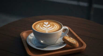 Obraz premium A latte with art sits on a wooden tray with biscotti. Natural light highlights the warm tones