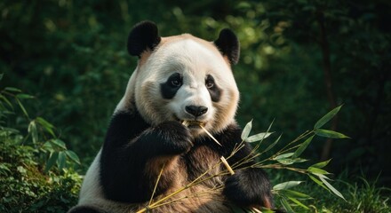 Obraz premium A large panda with black markings, contentedly munching on bamboo in a verdant forest