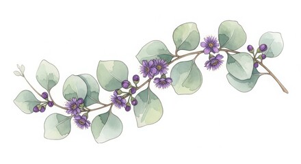 Delicate watercolor painting of a eucalyptus branch with small purple flowers isolated on white background