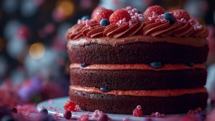 Opening close-up shot capturing triple chocolate cake on tabletop, with berry frosting and berries - Powered by Adobe
