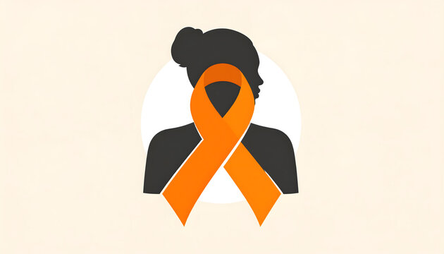 Minimal vector design featuring an orange awareness ribbon layered over a dark silhouette of a strong woman, symbolizing campaigns for causes like self-injury, multiple sclerosis, or gender-based viol