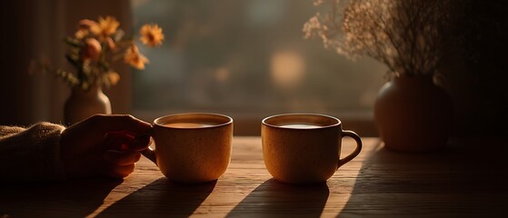Sunlit hands holding coffee cups on a light-wood table with softly blurred bright minimal background, highlighting cozy connection, morning routine, and lifestyle or relationship storytelling concepts