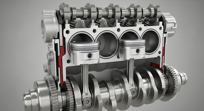 Detailed cross section of a modern internal combustion engine showing pistons crankshaft camshaft and cylinders in a clean studio environment