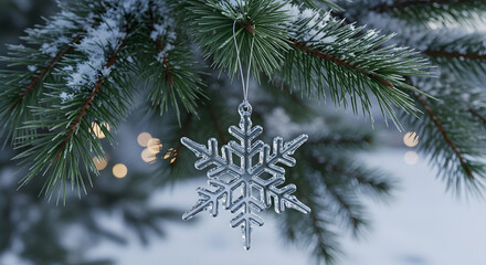 Festive Holiday Crystal Snowflake Ornament on Snowy Pine Branch