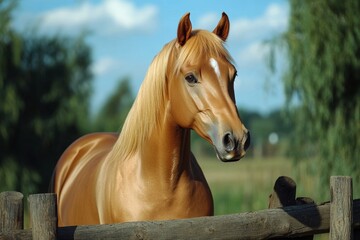 Obraz premium Majestic Palomino Quarter Horse Standing Gracefully in a Serene Green Meadow Under Bright Sunlight