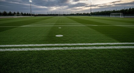 Naklejka premium A meticulously manicured green soccer field with white lines, under a cloudy sky, goal posts