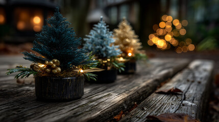 Miniature Bottle Brush Trees with Golden Berries on Dark Weathered Wood