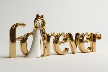 Golden bride and groom figurines embracing in front of gold "forever.