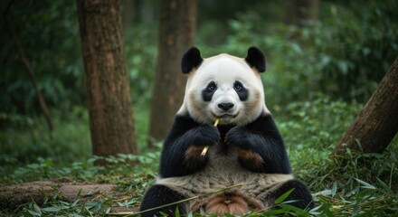 A panda bear sits amongst trees, enjoying bamboo, gazing directly at the viewer