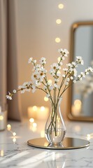 A serene, minimalist still life: delicate white flowers in a clear glass vase sit on a mirrored tray beside glowing candles, reflected by an ornate gold-framed mirror  evoking calm elegance and soft w