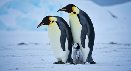 Fototapeta premium A penguin family huddles together on a snowy, icy landscape, with blue ice in the background