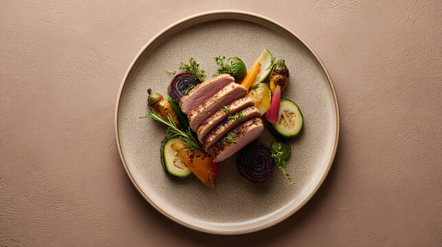 Gourmet sliced meat with roasted vegetables elegantly arranged on a round plate against a neutral background.