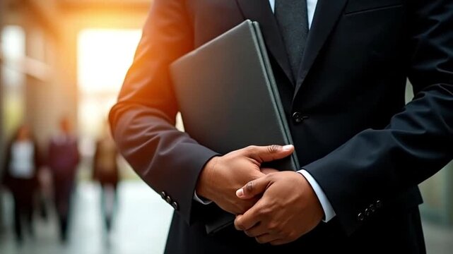 Professional in a suit holding a dark folder in a modern business environment