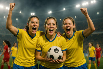 three female football players in yellow and blue uniforms standing shoulder to shoulder, shouting and raising arms in victory
