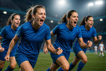 Four female soccer players in full blue uniforms running toward camera, shouting and raising arms in victory, european and african mixed team
