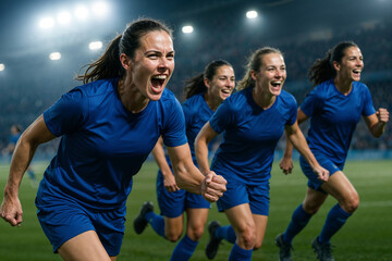 Four female soccer players in full blue uniforms running toward camera, shouting and raising arms in victory, european and african mixed team