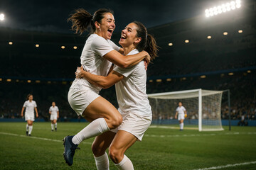 Two female soccer players in full white uniforms hugging and shouting with excitement after scoring goal