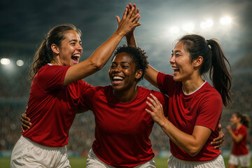 Three female soccer players (european, african-european, asian) celebrating goal with joy and hugs on a brightly lit evening stadium, red jerseys and white shorts, emotional faces