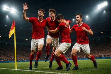 Four male soccer players in red jerseys and white shorts celebrating a goal on a bright evening stadium field