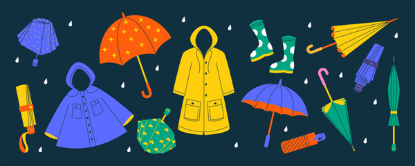 Raincoat for rain. Drawn umbrella. Doodle brolly closed or open. Rainy weather of autumn. Waterproof coat. Rubber boots for downpour puddles. Climate bad weather. Vector garish outerwear clothes set