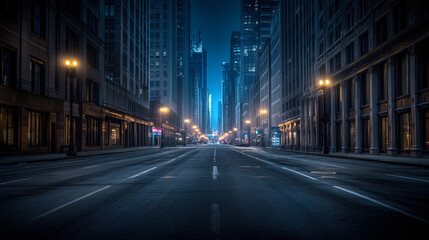 Obraz premium City street illuminated by streetlights at night with tall buildings and reflective pavement