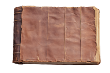 Antique leather bound book with aged paper cover isolated on transparent background. Blank book isolated on white background.