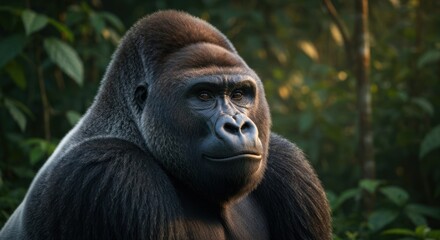 Obraz premium A regal, imposing silverback gorilla gazes into the distance, surrounded by lush green foliage