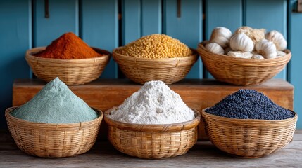 Assortment Of Six Wicker Baskets Overflowing With Colorful Spices And Grains Against A Distressed Teal Wooden Wall In A Village Market Setting