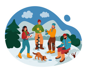 Fototapeta premium Winter fisherman. Man ice fishing on frozen rivers or lakes. Arctic cold weather with snow and frost. Friends catching fish and drilling hole. Male hobby. Fisher holding tackle. Vector tidy concept