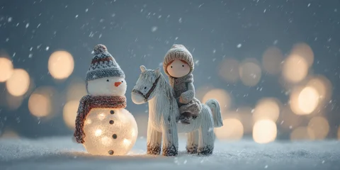Papier peint photo Chambre de fille Winter scene featuring a whimsical snowman with a scarf and a child riding a toy horse, surrounded by softly glowing lights and falling snowflakes, capturing holiday magic  © ISVO