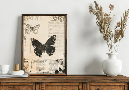 Vintage Butterfly Art Decor Frame Mockup PSD
