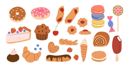 Cartoon bakery. Sweet dessert. Cute confectionery. Doodle sugar food, candies, chocolate pastries, cookies, tasty snacks, muffin and croissant, lollipop. Icon for bar. Vector isolated menu elements