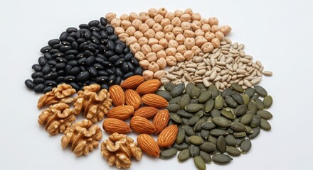 A circular arrangement of various healthy nuts and seeds isolated on white background